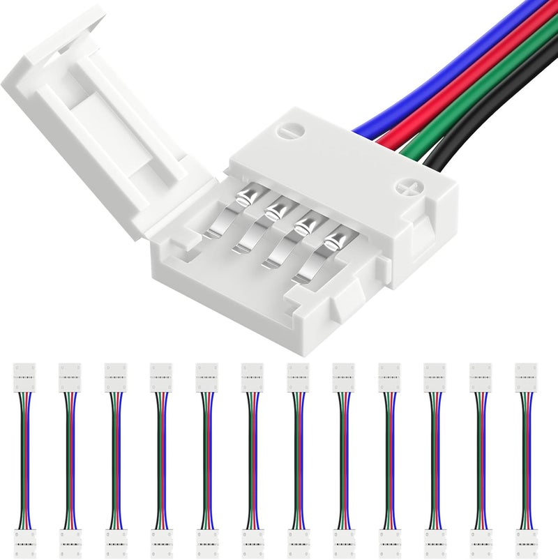 HitLights 12 Pack 10mm 4 Pin RGB LED Strip Connectors - 6 Inch Solderless Connectors for 5050 Color Changing LED Tape Light, Kitchens, Cabinets and More - Image 1